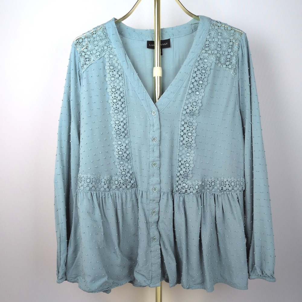 Lane Bryant Women 16 Babydoll Top Blue Swiss Dot Crochet Lace V-Neck Blouse